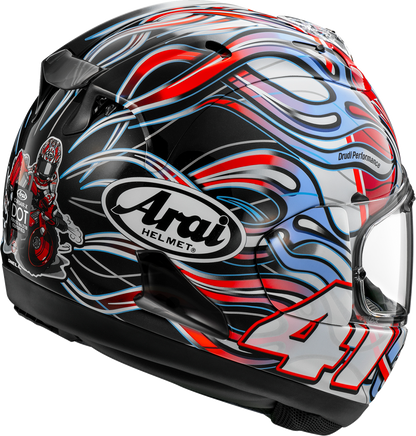 Arai Helmets Corsair-X Haga XL motorcycle helmet with VAS shield mechanism and advanced safety features, shown in sleek design.