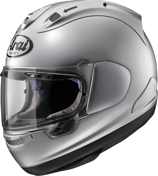 Arai Helmets Corsair-X motorcycle helmet in aluminum silver, small size, with a sleek, aerodynamic design.