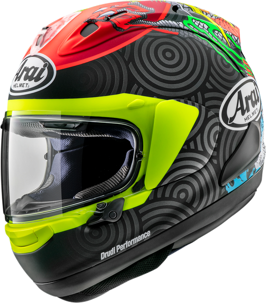 Arai Helmets Corsair-X Tatsuki Edition helmet in XS size, featuring a sleek design and detailed graphics, front view.