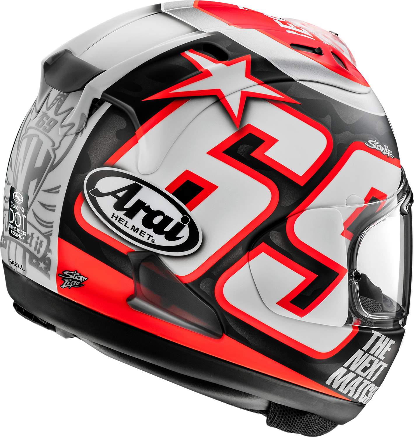 Arai Helmets Corsair-X Nicky Reset Frost helmet in medium size with a matte frost finish, featuring aerodynamic design and ventilation.