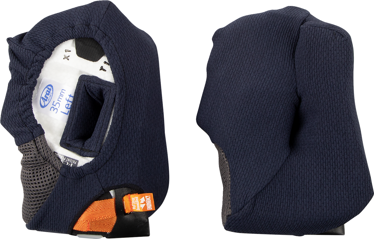Arai Helmets Corsair-X, Quantum-X, Signet-X cheek pads, 35mm, part 05-5702, showing soft foam padding and attachment edges