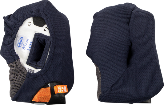 Arai Helmets Corsair-X, Quantum-X, Signet-X cheek pads, 35mm, part 05-5702, showing soft foam padding and attachment edges
