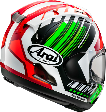 Green Arai Corsair-X Rea-6 motorcycle helmet with reinforced shell and superior ventilation, shown from the front side.