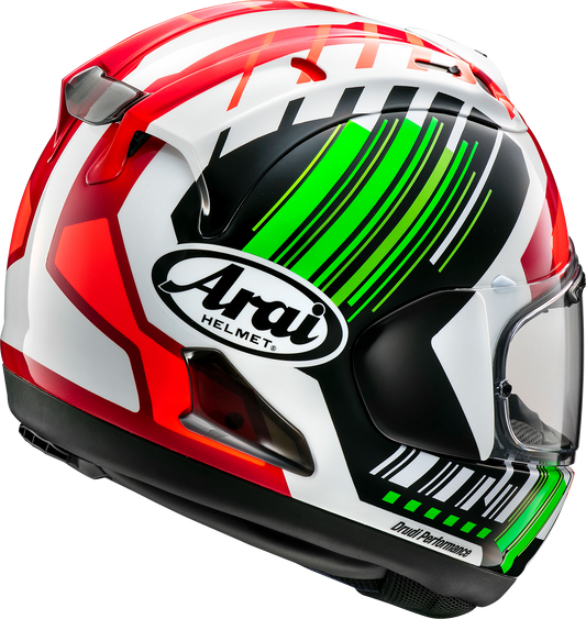 Green Arai Corsair-X Rea-6 motorcycle helmet with reinforced shell and superior ventilation, shown from the front side.