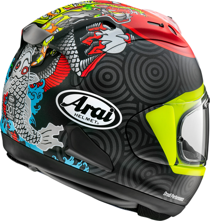 Arai Corsair-X Tatsuki Frost motorcycle helmet with aerodynamic design, enhanced ventilation, and protective features in XL size.