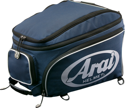 Blue ARAI HELMETS helmet bag for large helmets, protective gear storage with sturdy design and zipper closure.