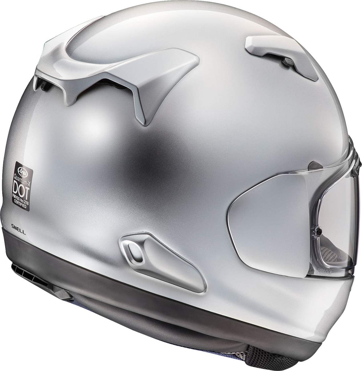 ARAi Helmets Quantum-X helmet in aluminum silver, medium size, featuring sleek design and secure fit.