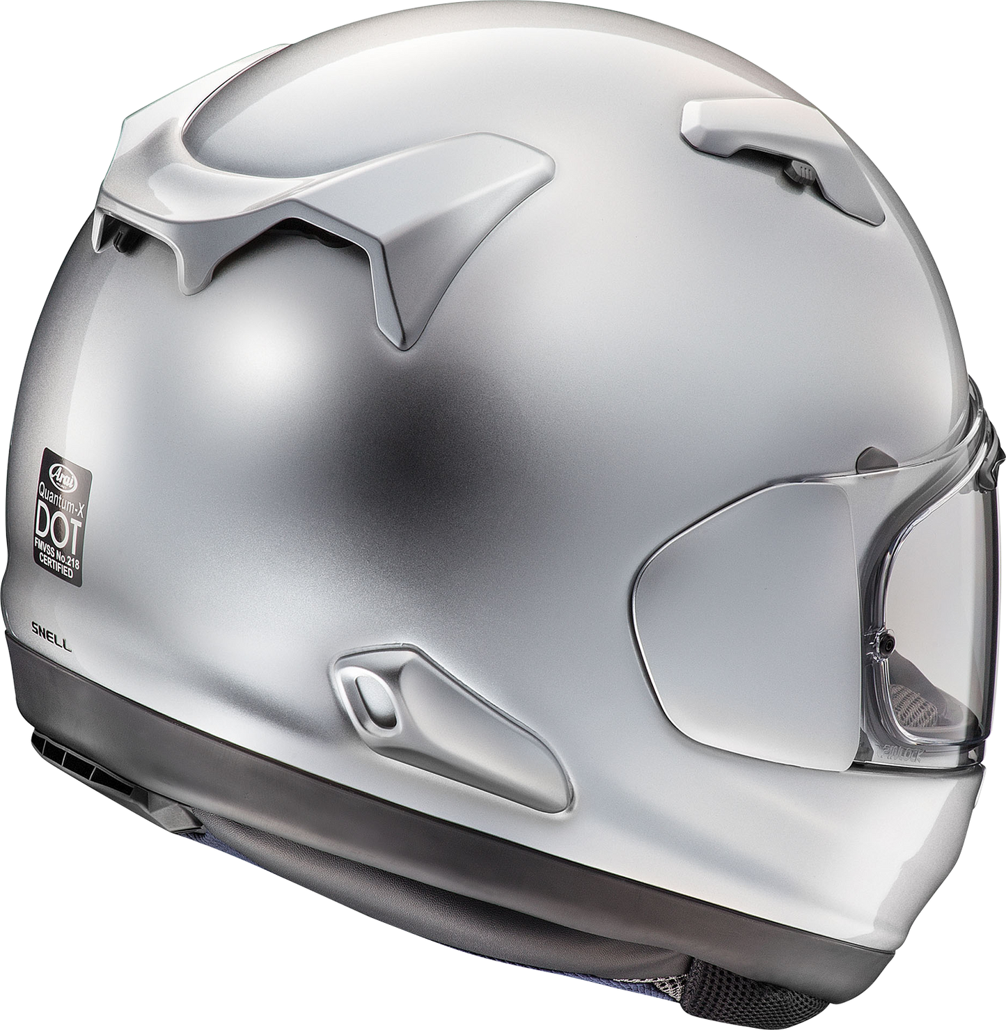 Arai Helmets Quantum-X motorcycle helmet in aluminum silver with VAS shield system and enhanced safety features, size 2XL.