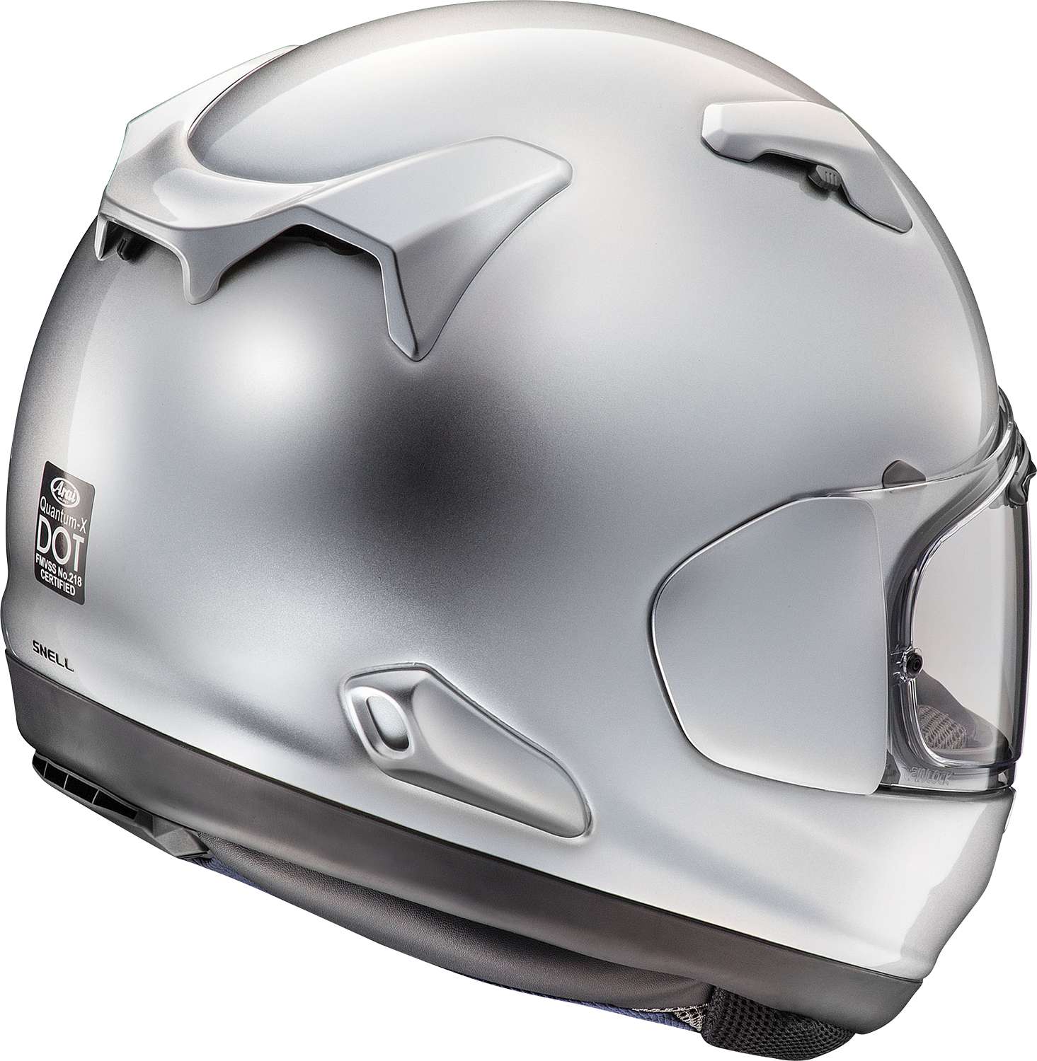 Arai Helmets Quantum-X motorcycle helmet in aluminum silver with VAS shield system and enhanced safety features, size 2XL.