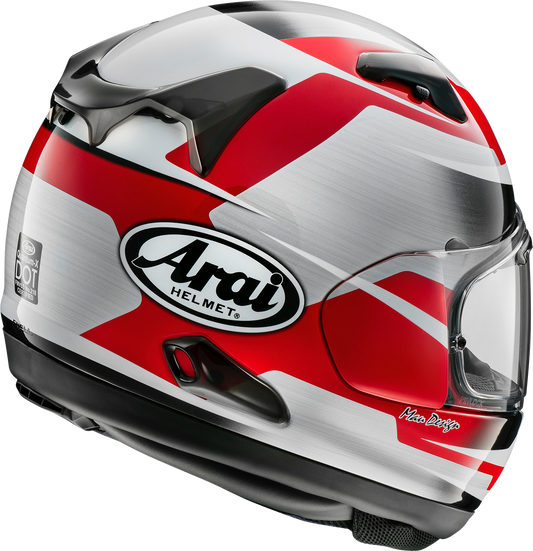 Red ARAI Helmets Quantum-X Steel motorcycle helmet in 2XL size with sleek design and brand logo visible.