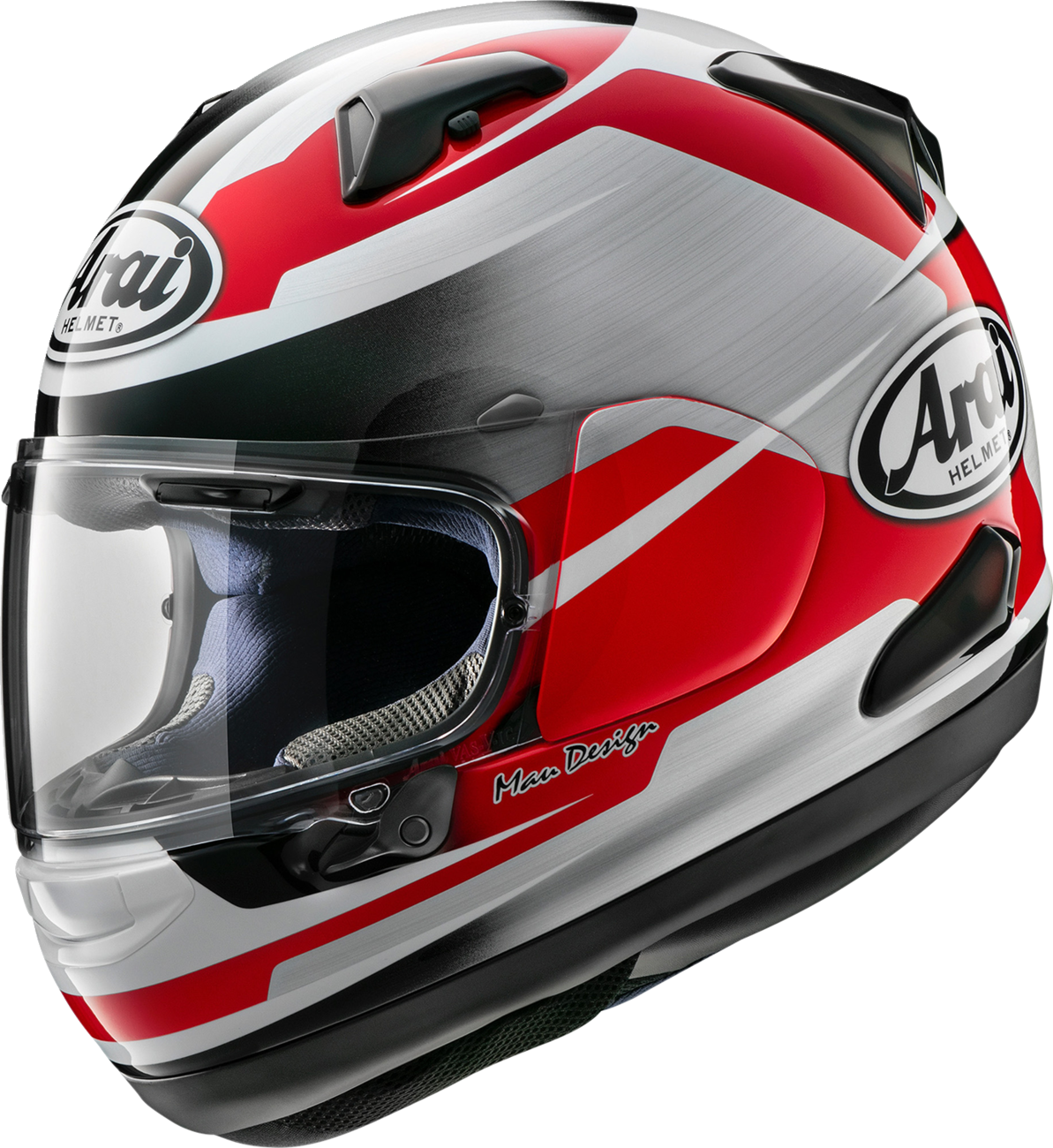 Red Arai Helmets Quantum-X Steel Helmet in large size, showing the sleek design and branding details.