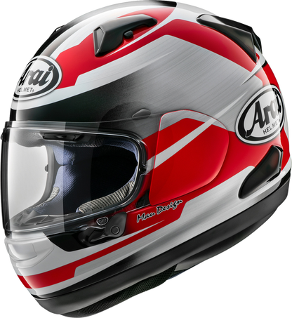 Red Arai Helmets Quantum-X Steel Helmet in large size, showing the sleek design and branding details.
