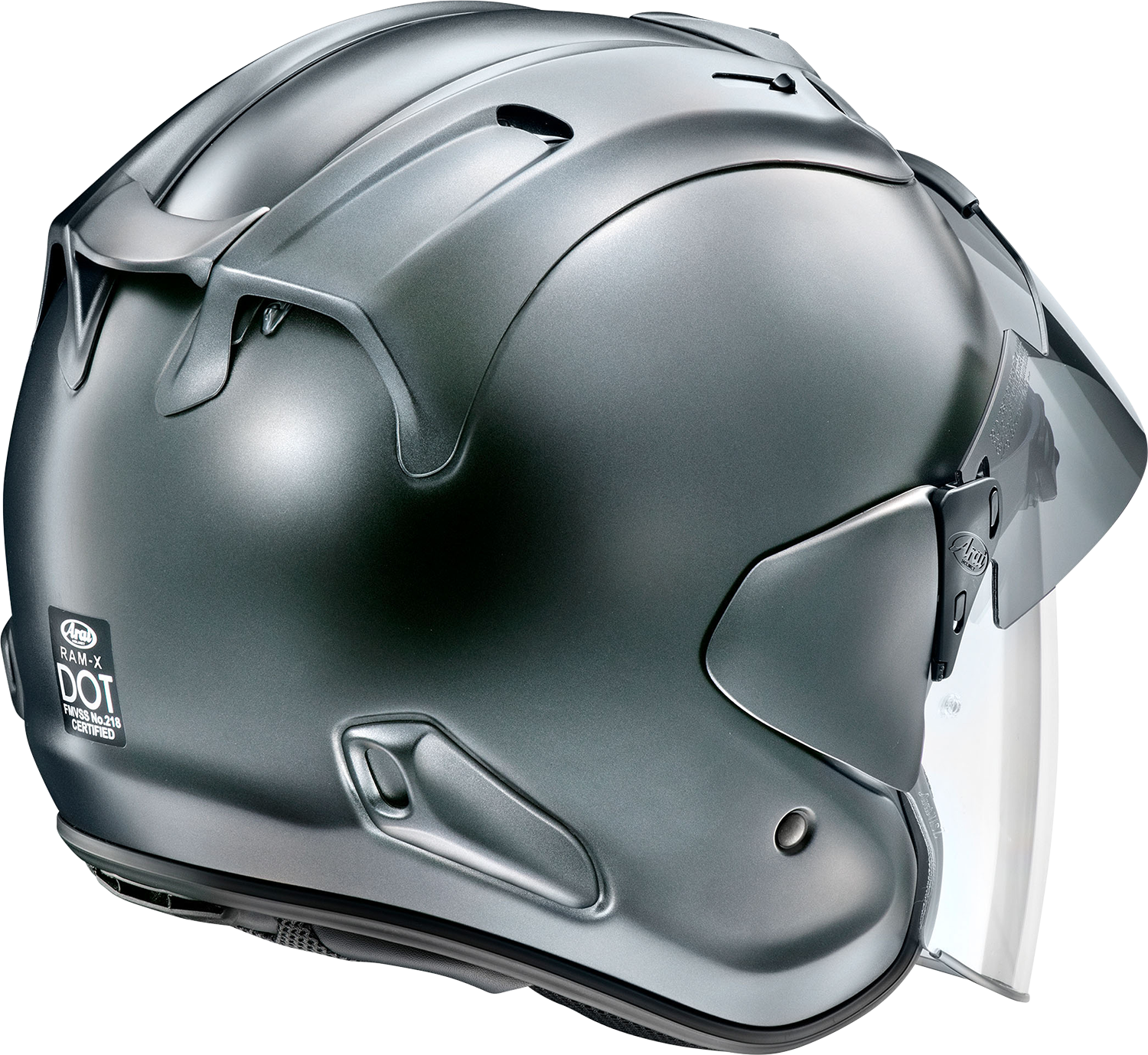 Arai Helmets Ram-X Small helmet in gun metallic frost finish, showing the sleek aerodynamic design and detailed branding.