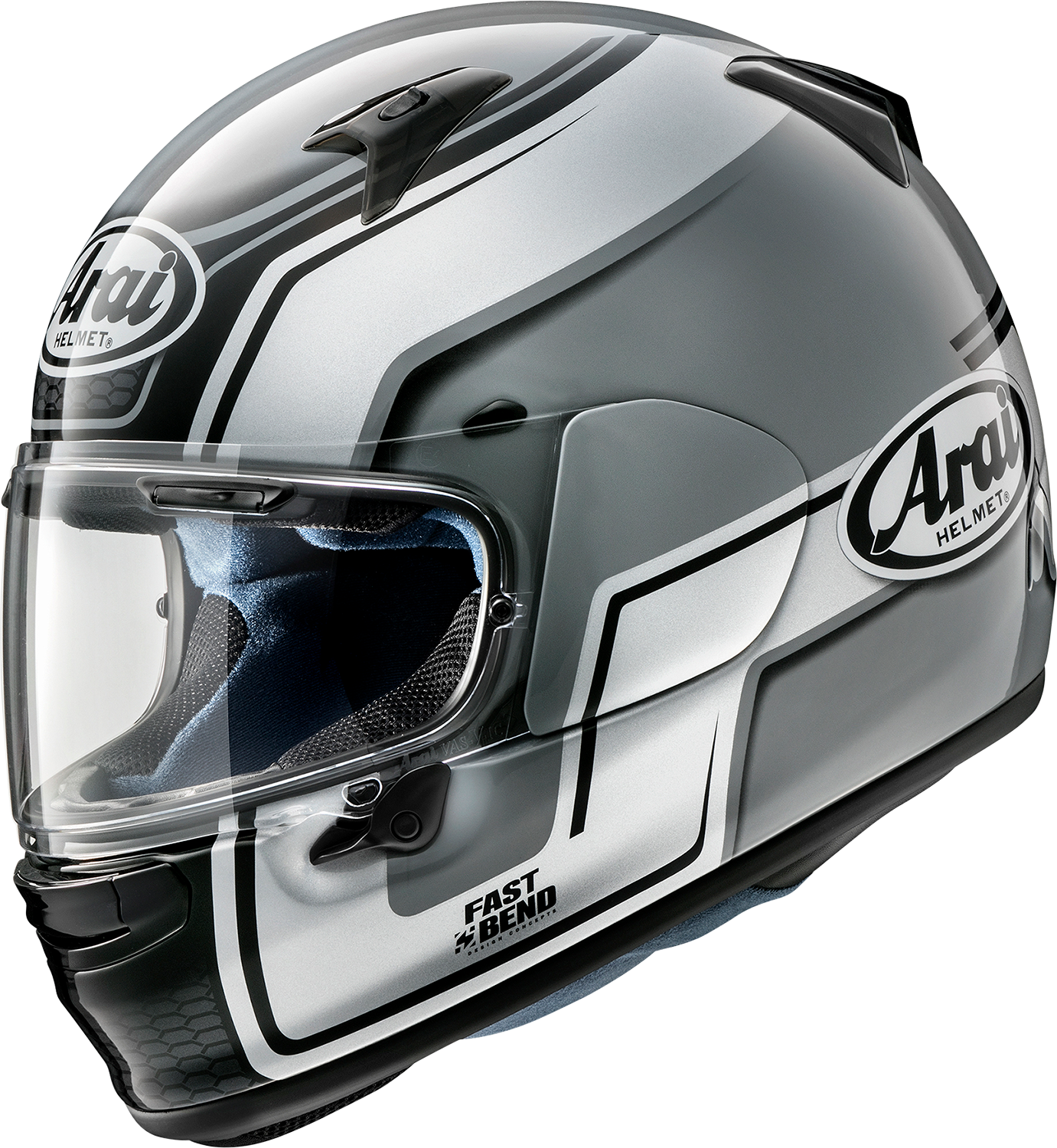 Silver ARAI Helmets Regent-X 2XL with bend design and variable axis shield system, shown from a side angle.