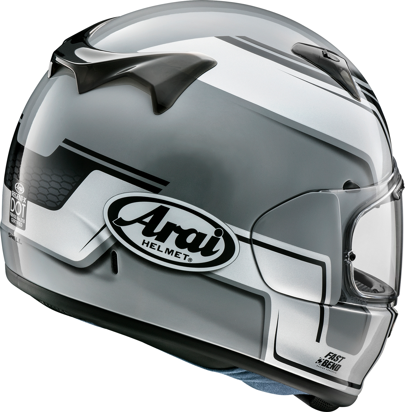 Silver ARAI Helmets Regent-X 2XL with Variable Axis Shield System, featuring a sleek design and adjustable visor for motorcycle riding.