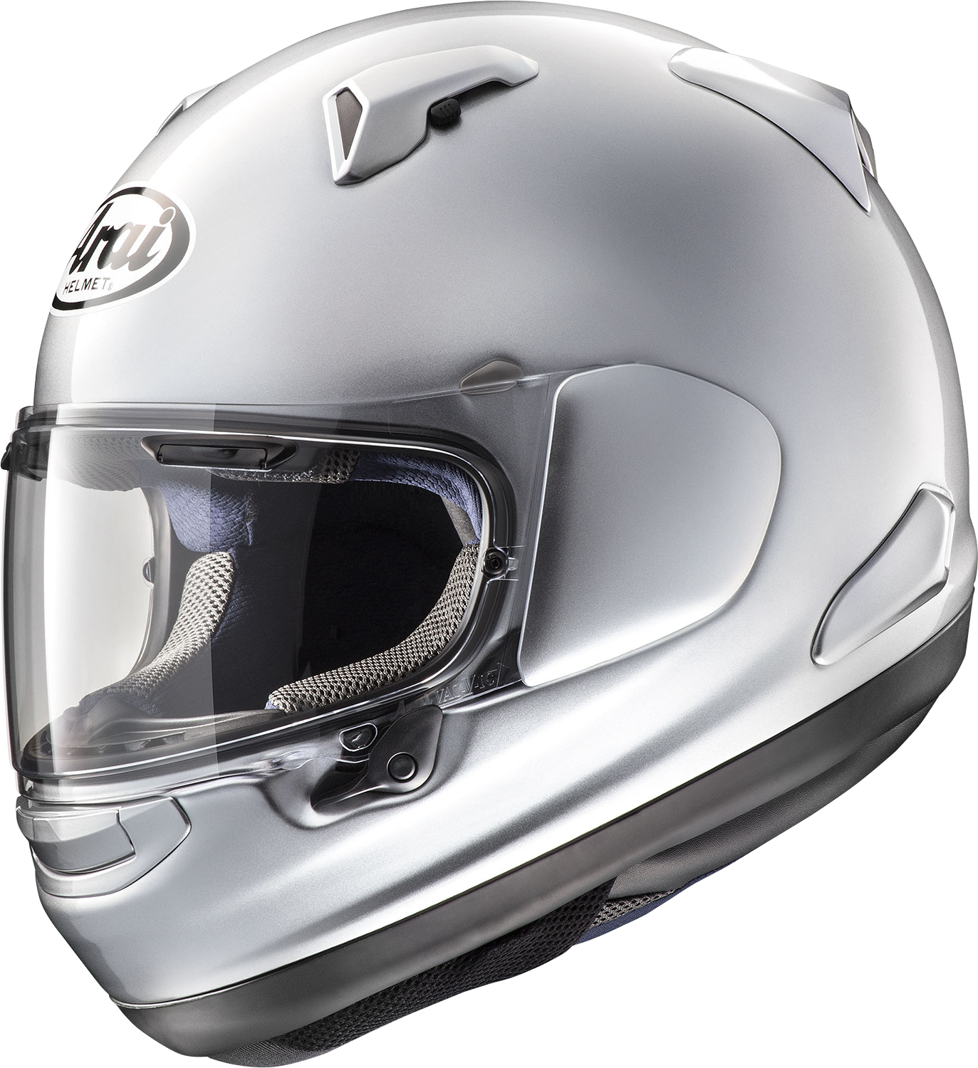Arai Helmets Signet-X helmet in aluminum silver, size XS, showing side view with smooth finish and secure strap.