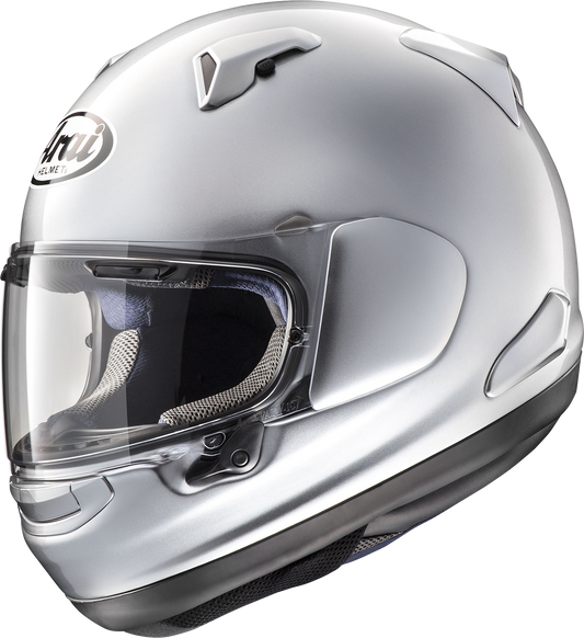 Arai Helmets Signet-X helmet in aluminum silver, size XS, showing side view with smooth finish and secure strap.