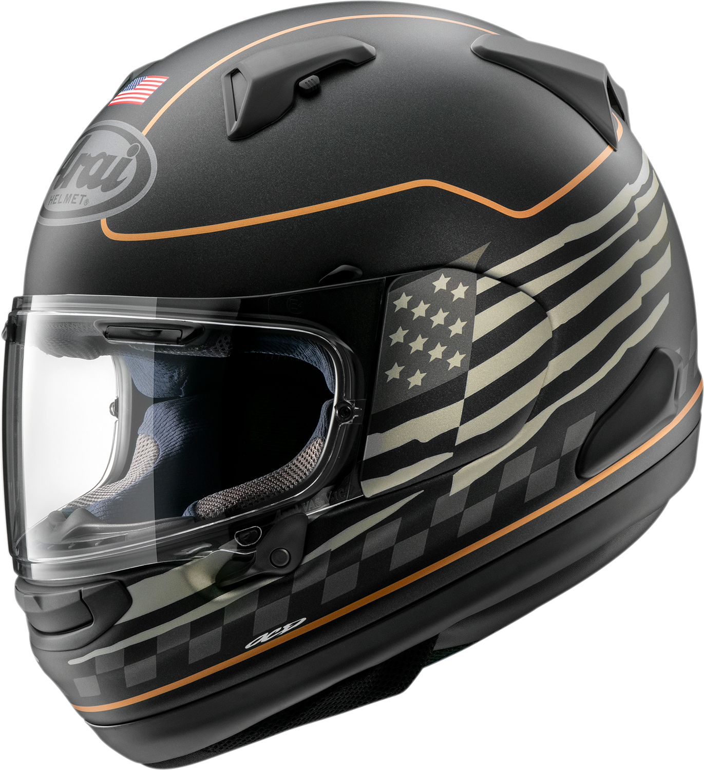 Arai Helmets Signet-X US Flag Black Frost motorcycle helmet with narrow fit and VAS shield system, featuring US flag design and black frost finish.