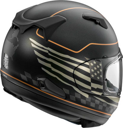 ARAI HELMETS Signet-X US Flag Black Frost motorcycle helmet with narrow fit and VAS shield system, featuring US flag design and black frost finish.
