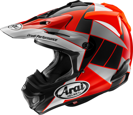 Arai Helmets VX-Pro4 motorcycle helmet in Fragment Red, medium size, featuring a sleek design and secure chin strap.