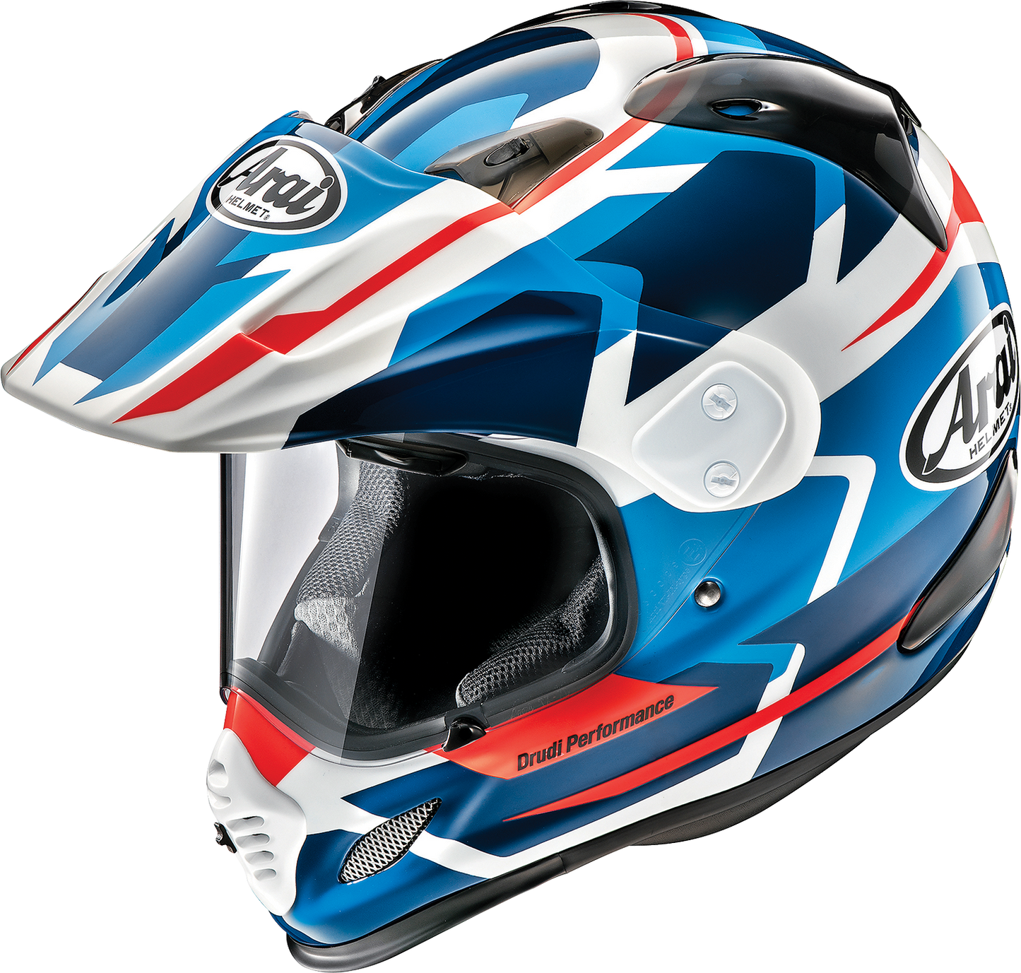 Arai XD-4 Depart white and blue motorcycle helmet with advanced ventilation and comfortable fit, designed for motorcyclists.