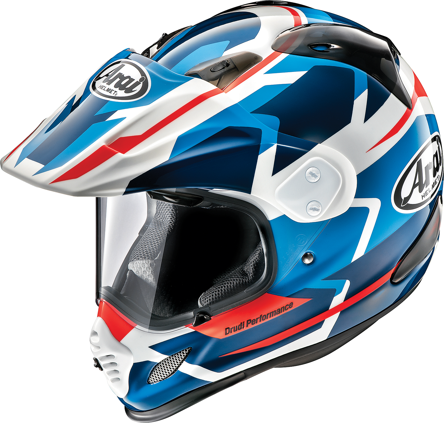 Arai XD-4 Depart white and blue motorcycle helmet with advanced ventilation and comfortable fit, designed for motorcyclists.
