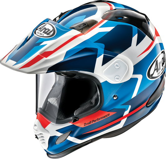 Arai XD-4 Depart white and blue motorcycle helmet with advanced ventilation and comfortable fit, designed for motorcyclists.