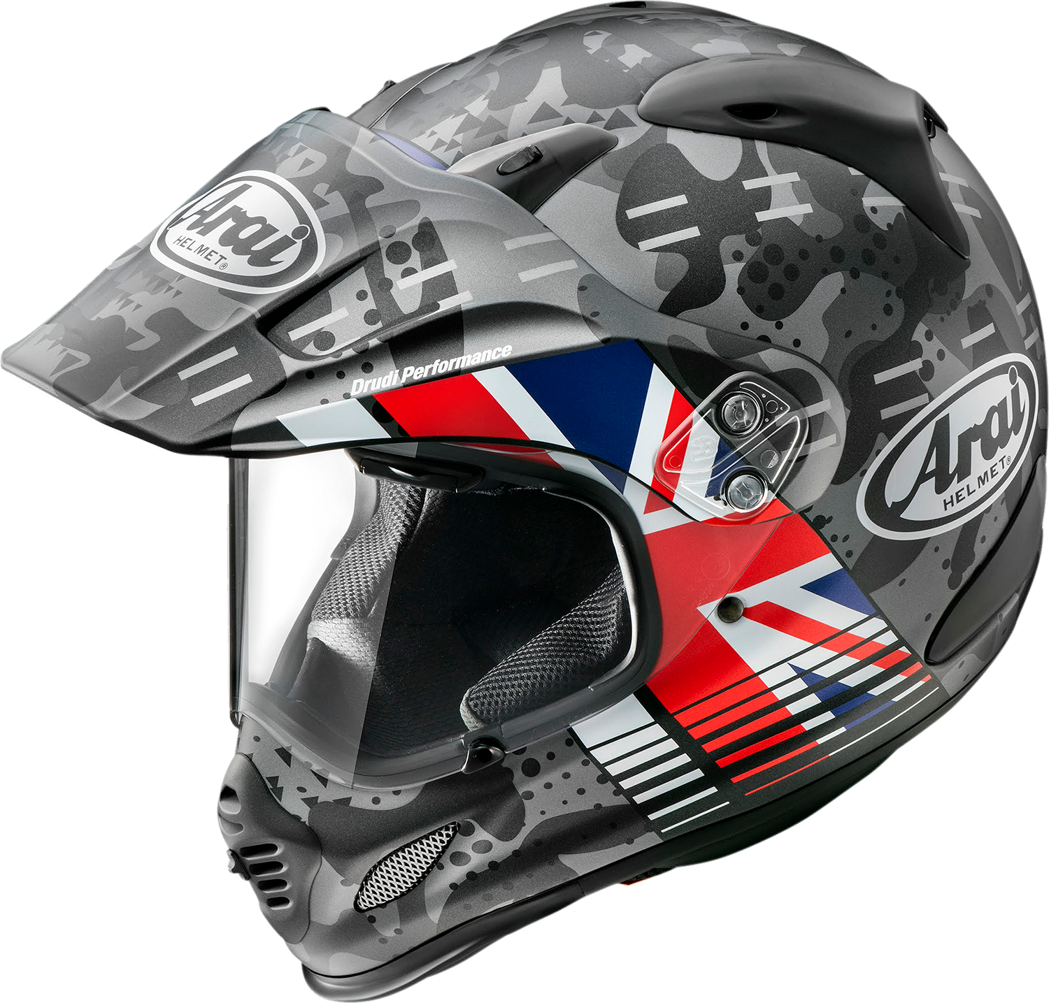 ARAi XD-4 helmet cover in UK Frost color, size XS, designed for ARAI helmets, with detailed fabric texture and branding visible.