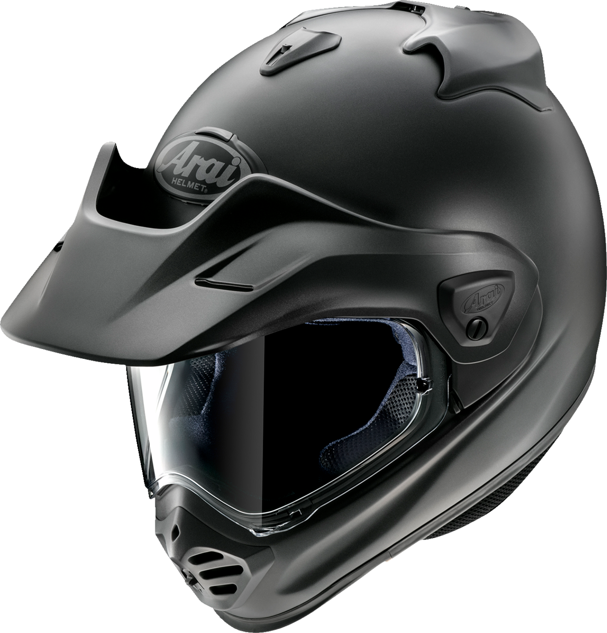 Arai XD-5 Black Frost motorcycle helmet in medium size with Arai Helmets branding and aerodynamic design.