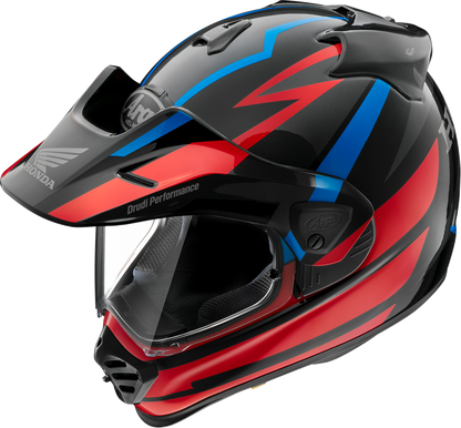 Red Arai XD-5 motorcycle helmet for Honda Africa Twin, XS size, featuring a sleek design and secure chin strap.