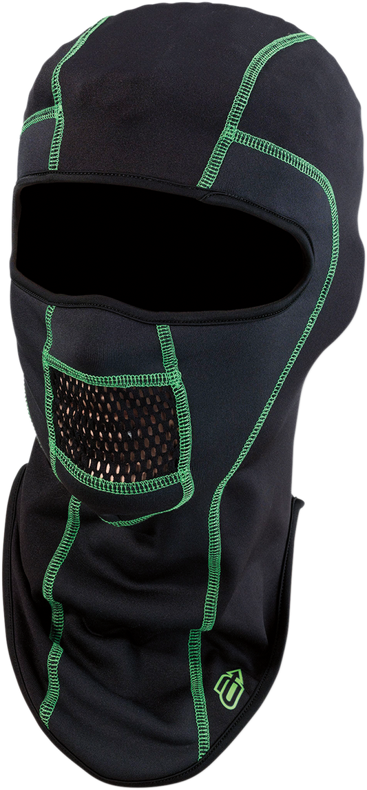 ARCTIVA Balaclava Pro Stretch Face Shield in black and green, large/XL size, showing a close-up of the face covering and material.