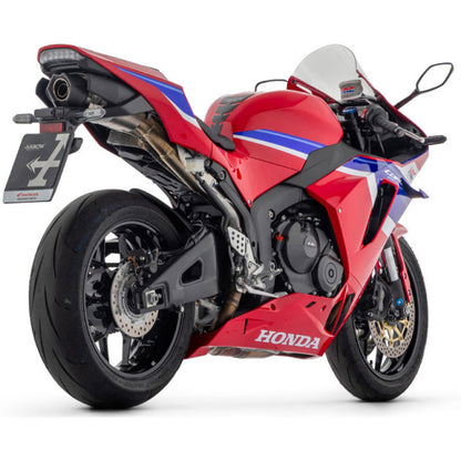 Dark aluminum Arrow Indy Race exhaust for Honda CBR600RR 2024-2025, shown with sleek, lightweight design and polished finish.