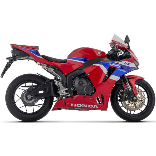 Dark aluminum Arrow Indy Race exhaust for Honda CBR600RR 2024-2025, with sleek design and branding visible on the exhaust.