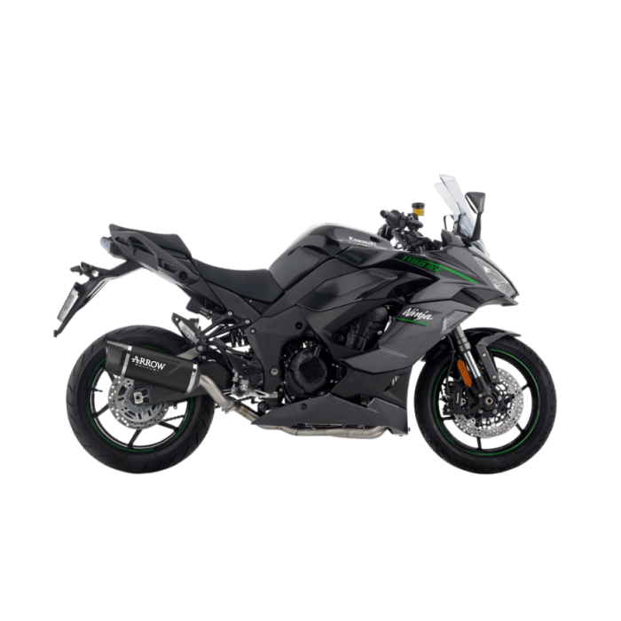 Dark aluminum Arrow Indy Race EVO exhaust system for Kawasaki Ninja 1100 SX 2025, featuring carbon accents and sleek design.