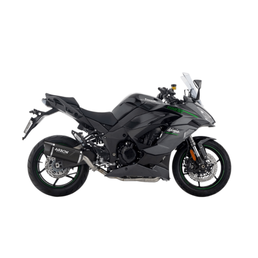 Dark aluminum Arrow Indy Race EVO exhaust system for Kawasaki Ninja 1100 SX 2025, featuring carbon accents and sleek design.