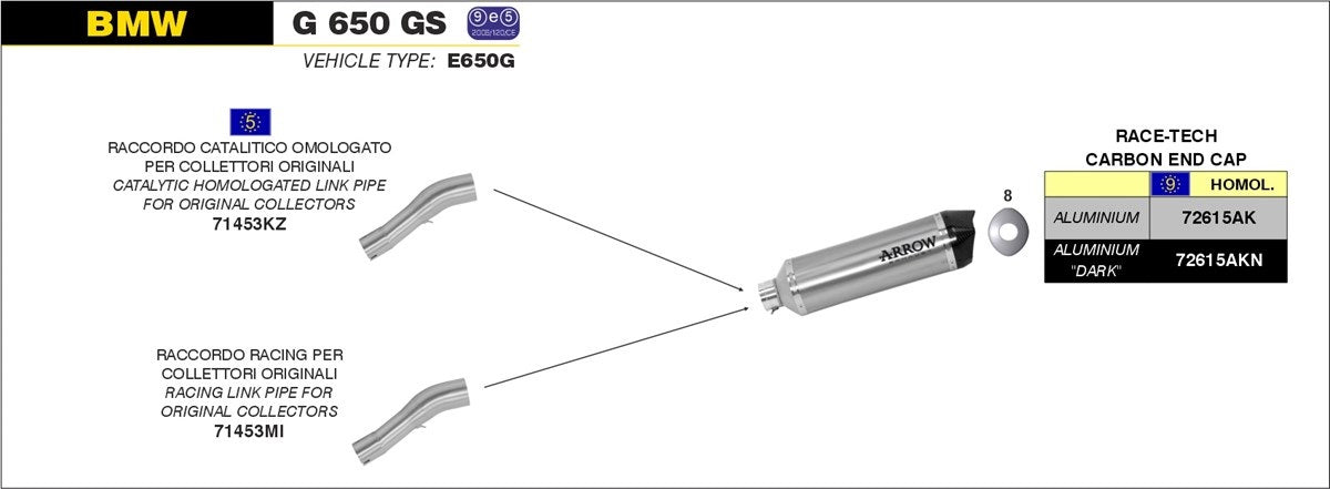 Dark aluminum Arrow G 650 Gs '11/'16 race-tech silencer for BMW motorcycle, shown with mid pipe and exhaust details.