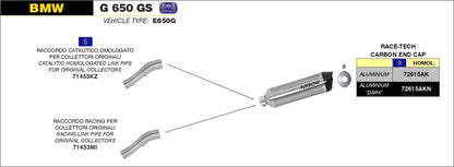 Dark aluminum Arrow G 650 Gs '11/'16 race-tech silencer for BMW motorcycle, shown with mid pipe and exhaust details.