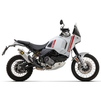 Arrow Indy Race slip-on exhaust in aluminum for Ducati DesertX 950, featuring a sleek, lightweight design and branded by Bill's Exhausts.