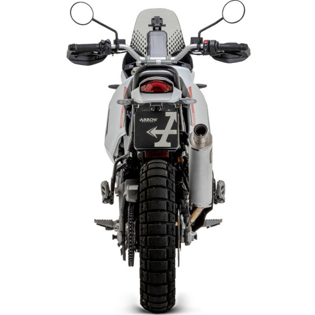 Aluminum Arrow Indy Race Slip-on Exhaust for Ducati DesertX 950, featuring sleek design and branded logo for high-performance riding.