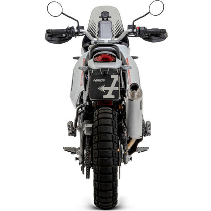 Aluminum Arrow Indy Race Slip-on Exhaust for Ducati DesertX 950, featuring sleek design and branded logo for high-performance riding.