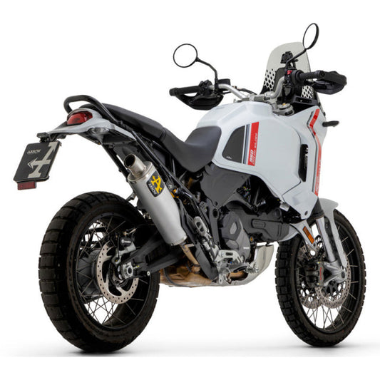 Aluminum Arrow Indy Race slip-on exhaust for Ducati DesertX 950, in-stock, with sleek metallic finish and racing-inspired design.
