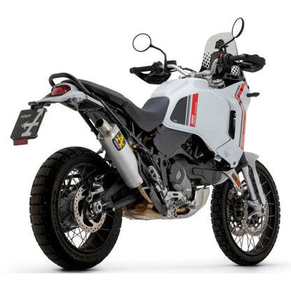 Aluminum Arrow Indy Race slip-on exhaust for Ducati DesertX 950, in-stock, with sleek metallic finish and racing-inspired design.