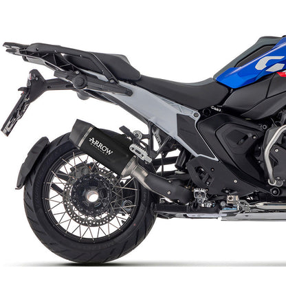 Dark aluminum Arrow Indy Race Evo slip-on exhaust for BMW R1300GS 2024, featuring a carbon end cap and sleek design.