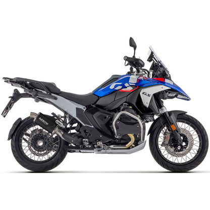 Dark aluminum Arrow Indy Race Evo slip-on exhaust for BMW R1300GS 24-25, mounted on motorcycle, showing sleek design and branding.