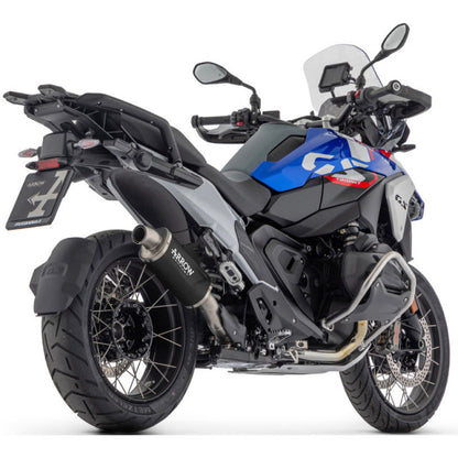 Dark aluminum Arrow Indy Race Evo slip-on exhaust for BMW R1300GS 2024-2025, featuring sleek design and visible mounting details.