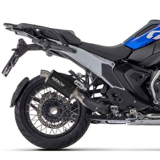 Dark aluminum Arrow Indy Race Evo slip-on exhaust for BMW R1300GS 24-25, showcasing sleek design and branding details.
