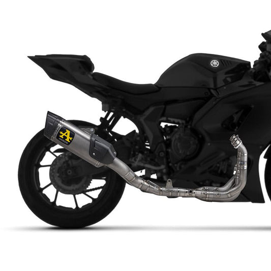 Arrow Competition Evo Titanium full exhaust system for Yamaha YZF R9 2025, shown on a motorcycle with a sleek titanium finish.