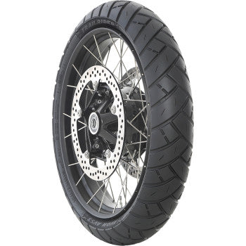 Avon Trailrider front motorcycle tire, 110/80R18 58V, adventure touring tire by Avon Tyres, mounted on a motorcycle wheel