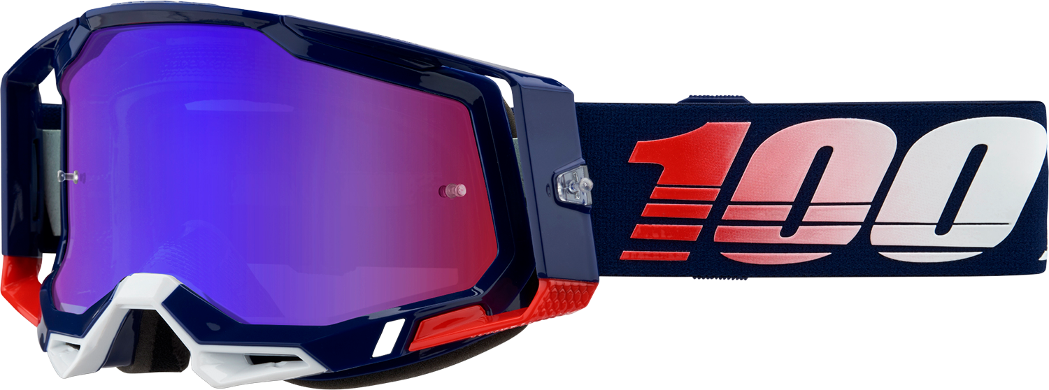 Bill's Exhausts 100% Racecraft 2 goggles with red/blue mirror lenses, featuring a sleek design for motocross or racing activities.