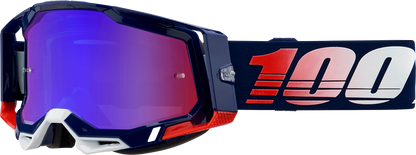 Bill's Exhausts 100% Racecraft 2 goggles with red/blue mirror lenses, featuring a sleek design for motocross or racing activities.